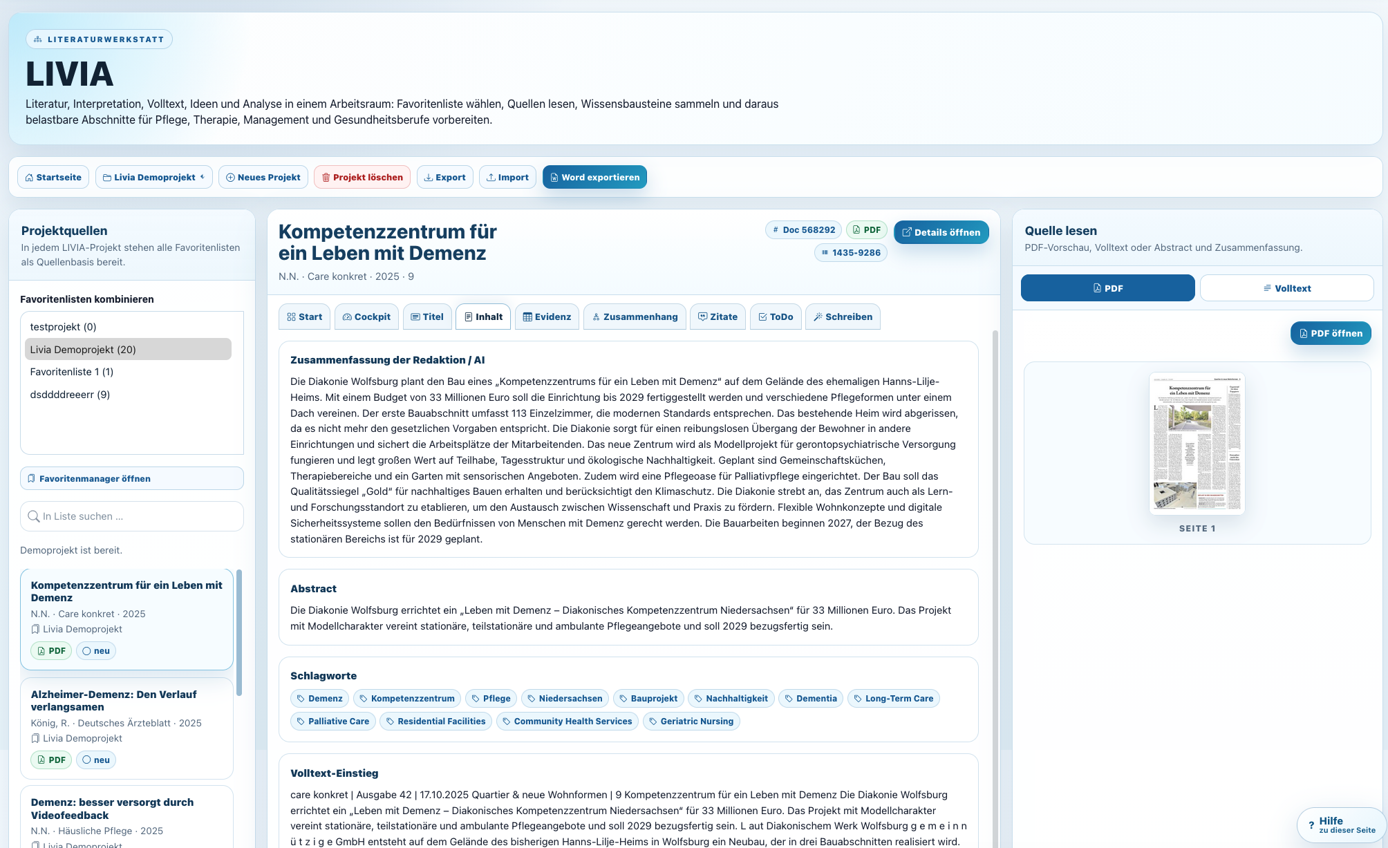 KI-gestützte Literaturarbeit mit Projektlogik.
