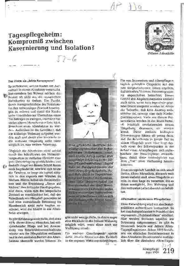 Vorschauseite 1: Tagespflegeheim; Kompromiß zwischen Kasernierung und Isolation ?