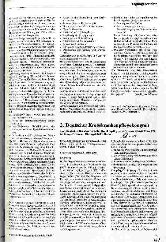 Vorschauseite 1: 2. Deutscher Krebskrankenpflegekongreß vom Dt. Berufsverband für Krankenpflege DBfK vom 6.-8.März 1990 in Mainz