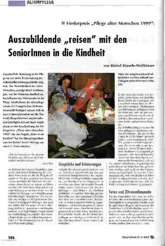 Vorschauseite 1: Auszubildende reisen mit den SeniorInnen in die Kindheit Förderpreis Pflege alter Menschen 1999