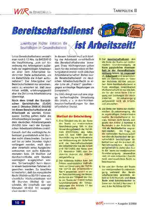 Vorschauseite 1: Bereitschaftsdienst ist Arbeitszeit! Luxemburger Richter entlasten die Beschäftigten im Gesundheitsdienst