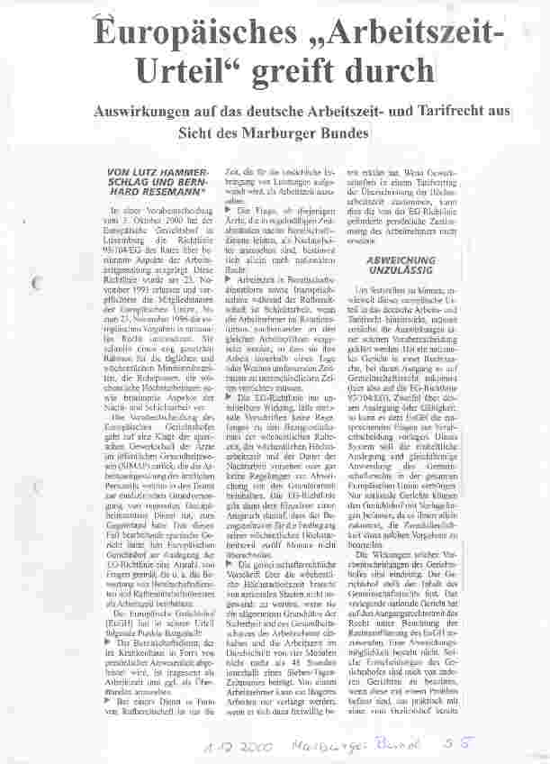 Vorschauseite 1: Europäisches Arbeitszeit-Urteil greift durch Auswirkungen auf das deutsche Arbeitszeitund Tarifrecht aus Sicht des Marburger Bundes