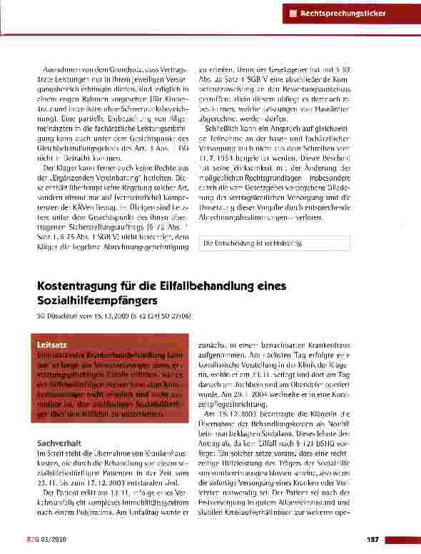 Vorschauseite 1: Kostentragung für die Eilfallbehandlung eines Sozialhilfeempfängers