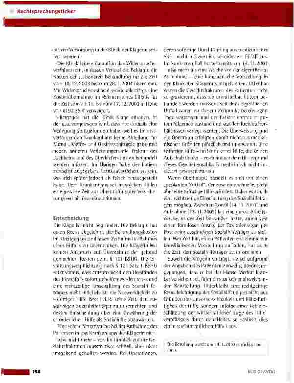 Vorschauseite 2: Kostentragung für die Eilfallbehandlung eines Sozialhilfeempfängers
