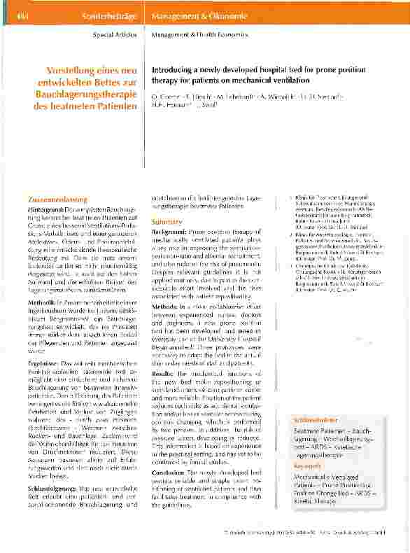 Vorschauseite 1: Vorstellung eines neu entwickelten Bettes zur Bauchlagerungstherapie des beatmeten Patienten