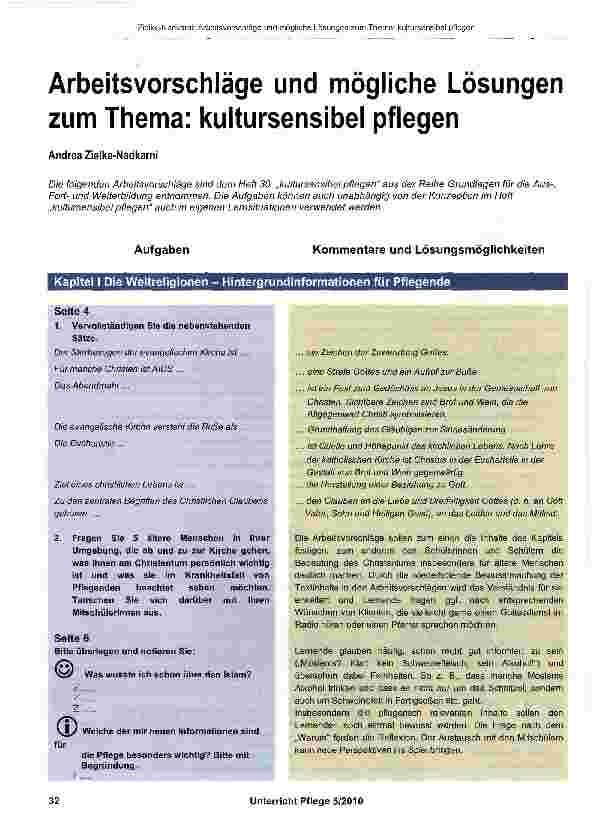 Vorschauseite 1: Arbeitsvorschläge und mögliche Lösungen zum Thema: kultursensibel pflegen