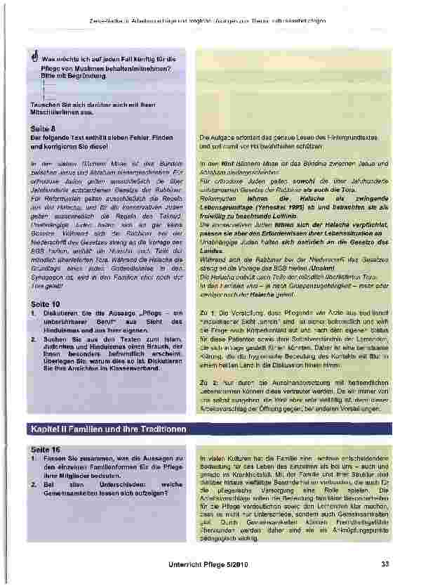 Vorschauseite 2: Arbeitsvorschläge und mögliche Lösungen zum Thema: kultursensibel pflegen