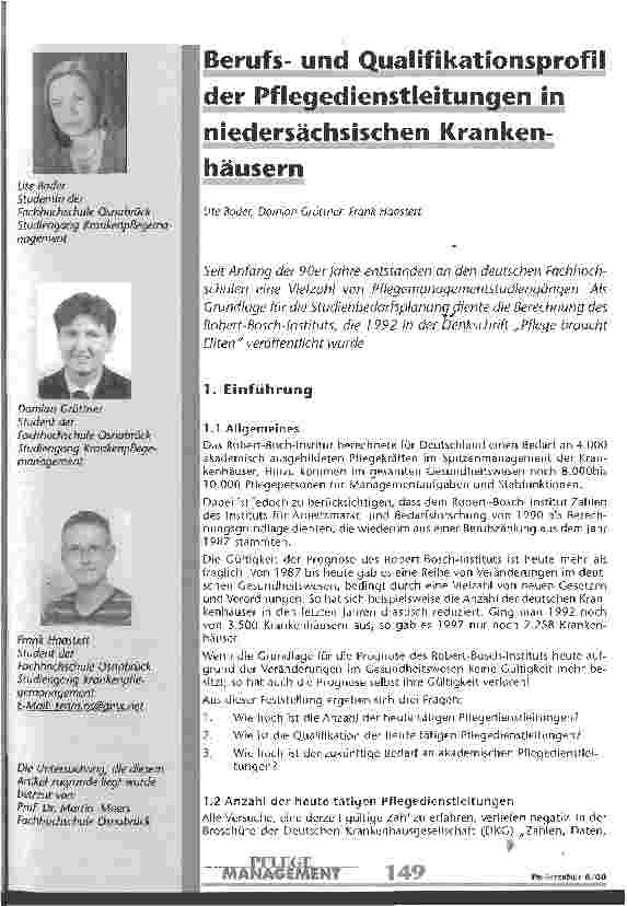 Vorschauseite 1: Berufsund Qualifikationsprofil der Pflegedienstleitungen in niedersächsischen Krankenhäusern
