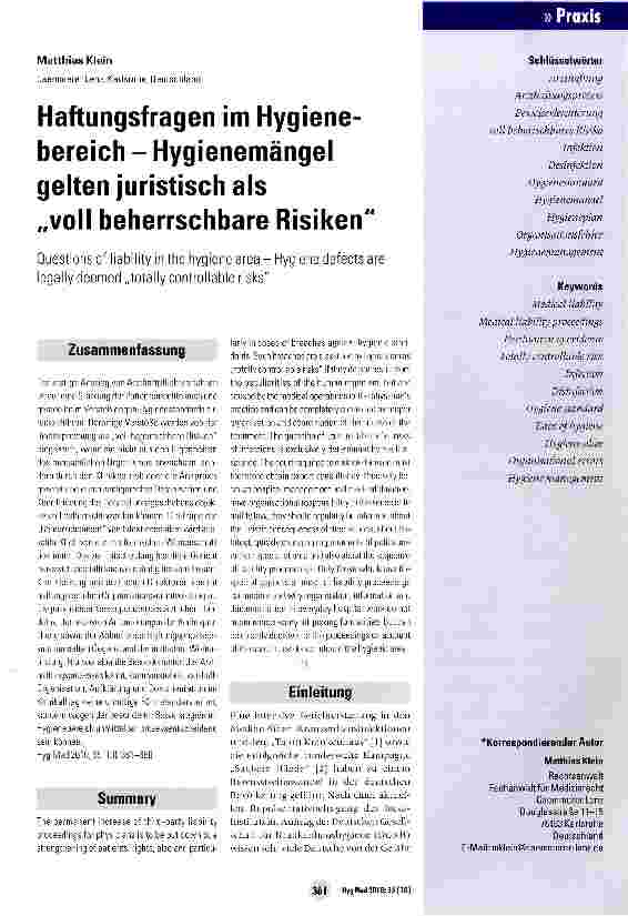 Vorschauseite 1: Haftungsfragen im Hygienebereich - Hygienemängel gelten juristisch als „voll beherrschbare Risiken