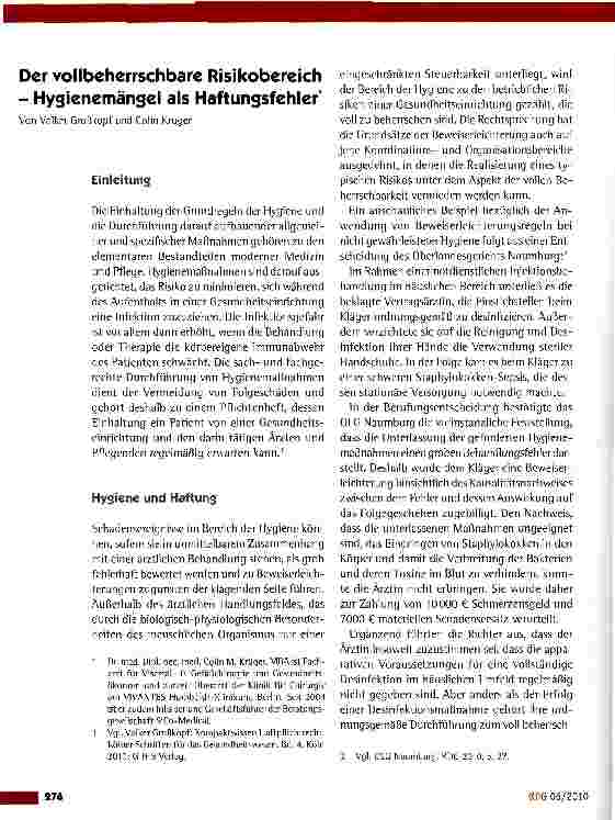 Vorschauseite 1: Der vollbeherrschbare Risikobereich - Hygienemängel als Haftungsfehler