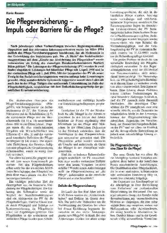 Vorschauseite 1: Die Pflegeversicherung - Impuls oder Barriere für die Pflege?