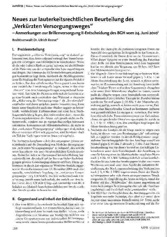 Vorschauseite 1: Neues zur lauterkeitsrechtlichen Beurteilung des „Verkürzten Versorgungsweges-Anmerkungen zur Brillenversorgung Il-Entscheidung des BGH vom 24. Juni 20101