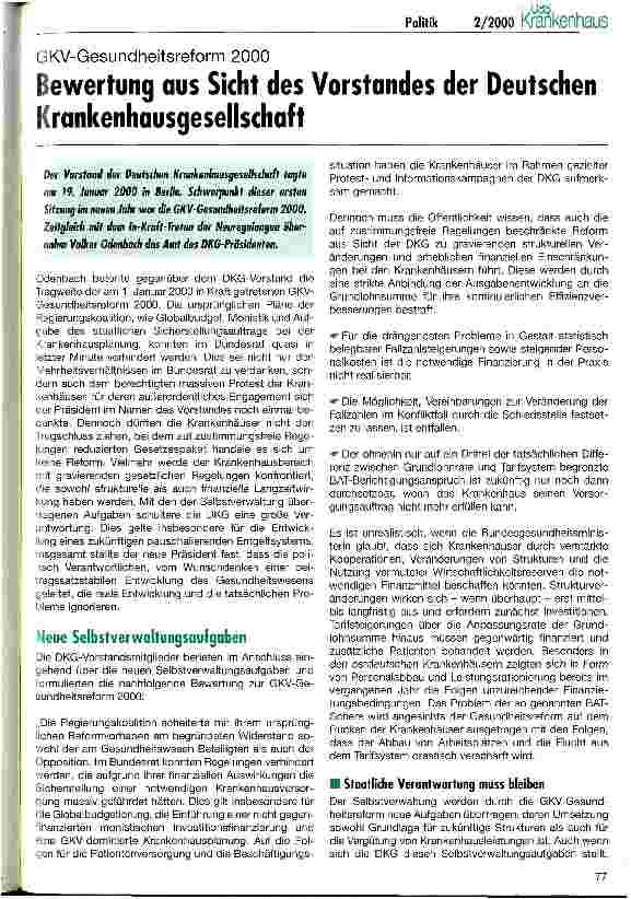 Vorschauseite 1: GKV-Gesundheitsreform 2000 Bewertung aus Sicht des Vorstandes der Deutschen Krankenhausgesellschaft