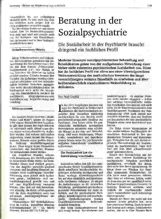 Vorschauseite 1: Beratung in der Sozialpsychiatrie Die Sozialarbeit in der Psychiatrie braucht dringend ein fachliches Profil
