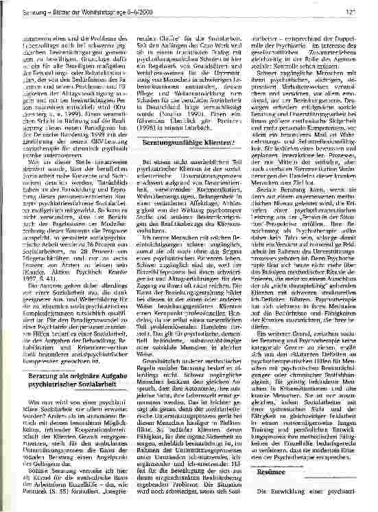 Vorschauseite 3: Beratung in der Sozialpsychiatrie Die Sozialarbeit in der Psychiatrie braucht dringend ein fachliches Profil