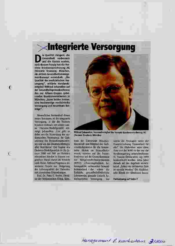 Vorschauseite 1: Integrierte Versorgung Einstieg in die integrierte Versorgung Vereinte Krankenversicherung setzt auf Gesundheitsmanagement
