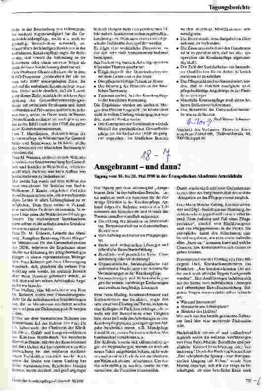 Vorschauseite 1: Ausgebrannt - und dann? Tagung vom 18. -20. Mai 1990 in der ev. Akademie Arnoldshain
