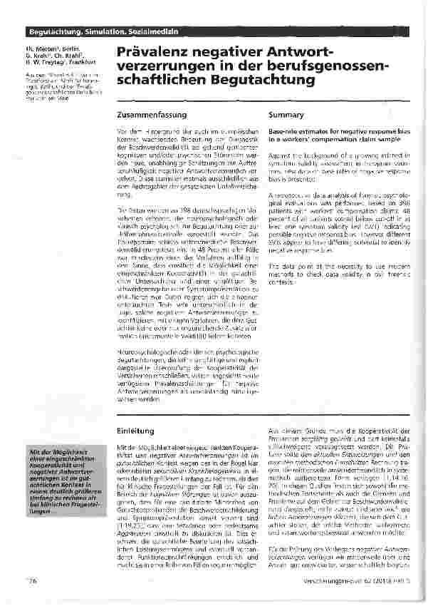 Vorschauseite 1: Prävalenz negativer Antwortverzerrungen in der berufsgenossenschaftlichen Begutachtung