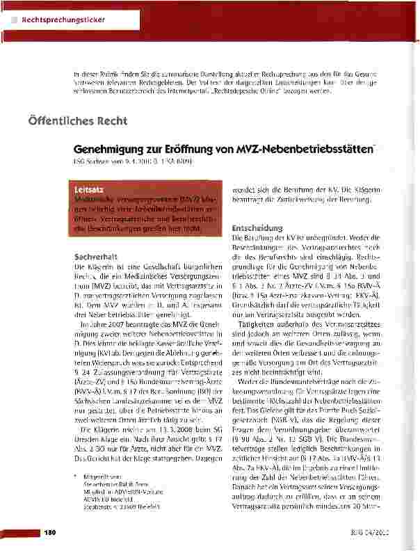 Vorschauseite 1: Genehmigung zur Eröffnung von MVZ-Nebenbetriebsstatten