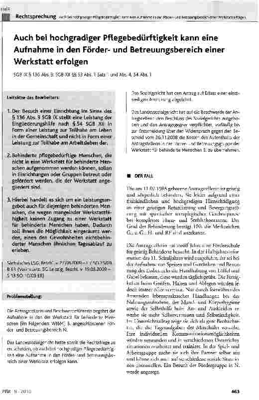 Vorschauseite 1: Auch bei hochgradiger Pflegebedürftigkeit kann eine Aufnahme in den Förderund Betreuungsbereich einer Werkstatt erfolgen