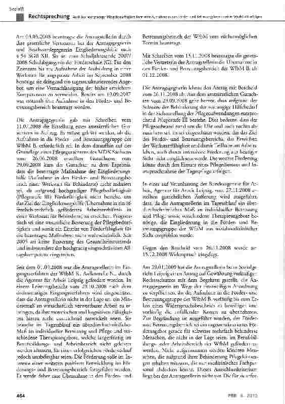 Vorschauseite 2: Auch bei hochgradiger Pflegebedürftigkeit kann eine Aufnahme in den Förderund Betreuungsbereich einer Werkstatt erfolgen