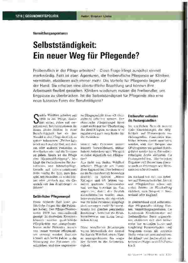 Vorschauseite 1: VermittlungsagenturenSelbstständigkeit: Ein neuer Weg für Pflegende?