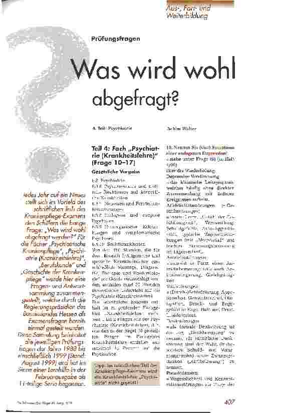 Vorschauseite 1: Prüfungsfragen: was wird wohl abgefragt? 4. Teil: Psychiatrie