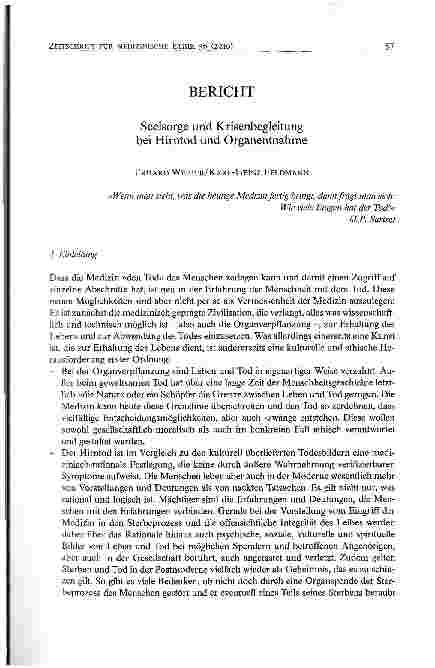 Vorschauseite 1: Seelsorge und Krisenbegleitung bei Hirntod und Organentnahme