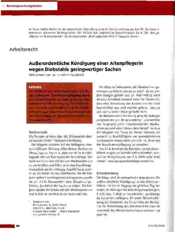 Vorschauseite 1: Außerordentliche Kündigung einer Altenpflegerin wegen Diebstahls geringwertiger Sachen