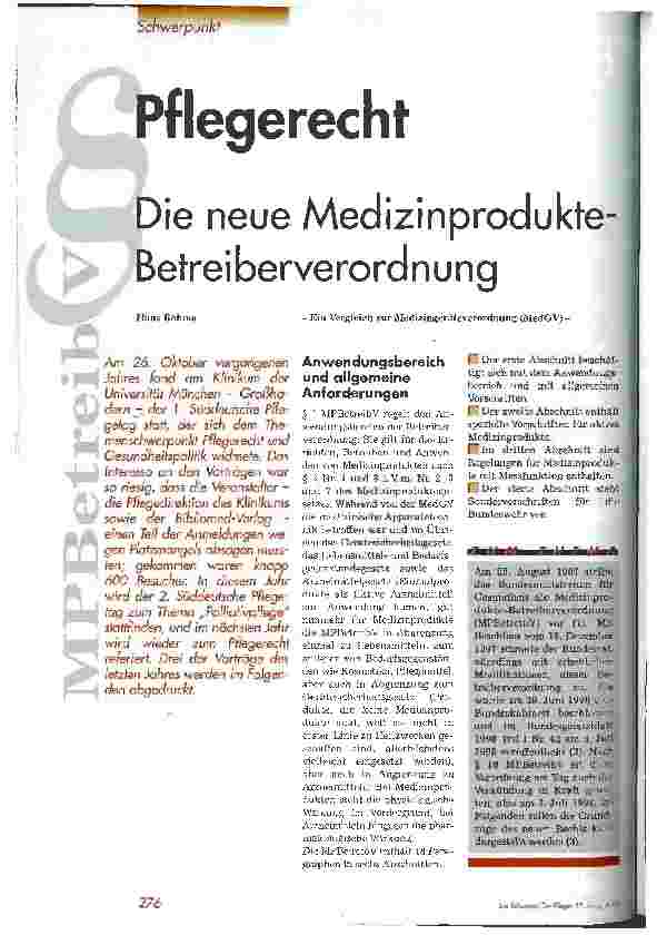 Vorschauseite 1: Pflegerecht: Die neue Medizinprodukte-Betreiberverodnung Ein Vergleich zur Medizingeräteverordnung (MedGV)