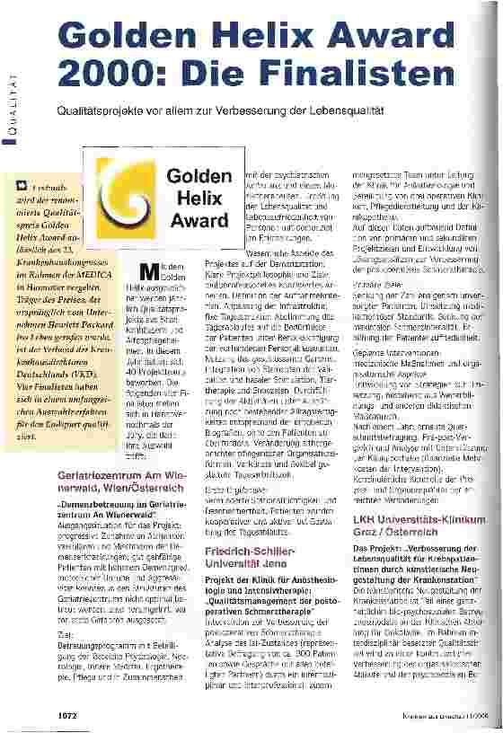Vorschauseite 1: Golden Helix Award 2000: Die Finalisten Qualitätsprojekte vor allem zur Verbesserung der Lebensqualität