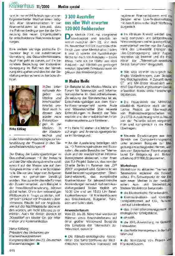 Vorschauseite 2: Krankenhaustag mit starker politischer Dimension Medica präsentiert ergänzende Sonderschauen