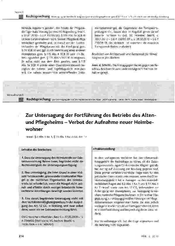 Vorschauseite 1: Zur Untersagung der Fortführung des Betriebs des Alten und Pflegeheims - Verbot der Aufnahme neuer Heimbewohner