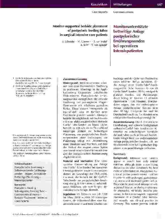 Vorschauseite 1: Monitorunterstützte bettseitige Anlage postpylorischer Ernährungssonden bei operativen Intensivpatienten