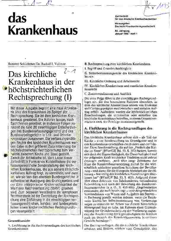 Vorschauseite 1: Das kirchliche Krankenhaus in der höchstrichterlichen Rechtsprechung (I)