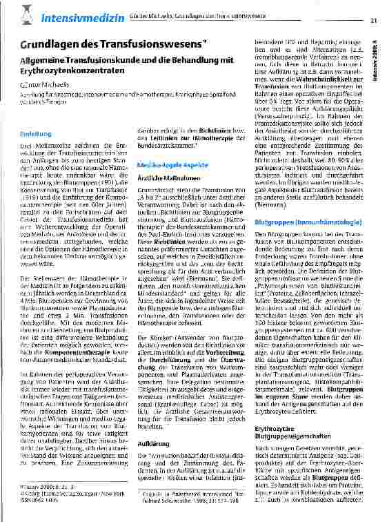 Vorschauseite 1: Grundlagen des Transfusionswesens Allgemeine Transfusionskunde und die Behandlung mit Erythrozytenkonzentraten