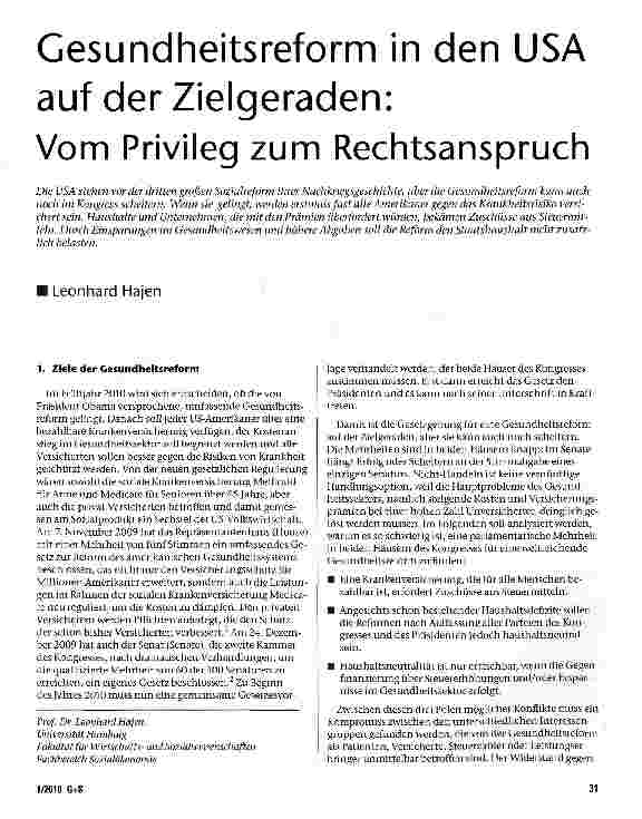 Vorschauseite 1: Gesundheitsreform in den USA auf der Zielgeraden:Vom Privileg zum Rechtsanspruch