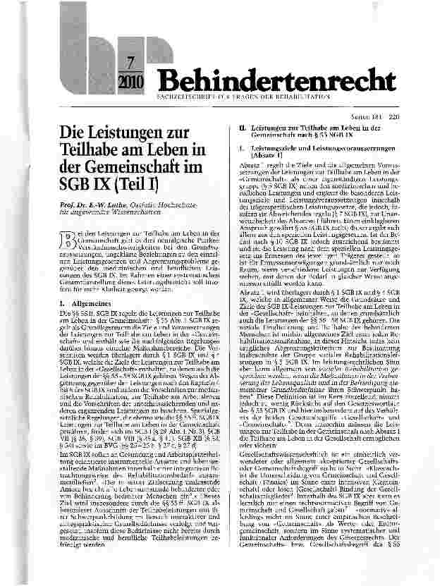 Vorschauseite 1: Die Leistungen zur Teilhabe am Leben in der Gemeinschaft im SGB IX (Teil I)