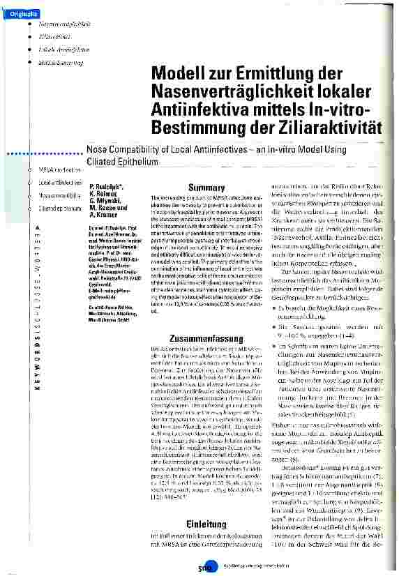 Vorschauseite 1: Modell zur Ermittlung der Nasenverträglichkeit lokaler Antiinfektiva mittels In-vitro-Bestimmung der Ziliaraktivität