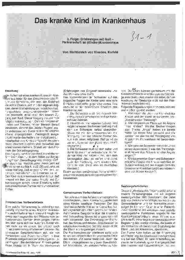 Vorschauseite 1: Das kranke Kind im Krankenhaus Erfahrungen mit Gott - Partnerschaft im(Kinder-)Krankenhaus