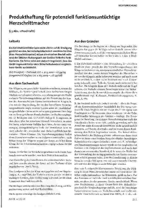 Vorschauseite 1: Produkthaftung für potenziell funktionsuntüchtige Herzschrittmacher§3Abs.iProdHaftG