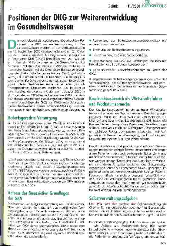 Vorschauseite 1: Positionen der DKG zur Weiterentwicklung im Gesundheitswesen