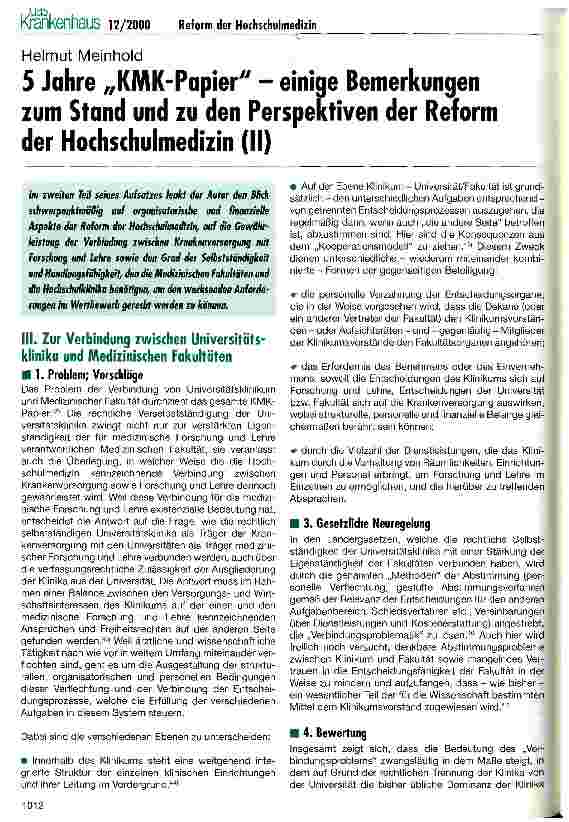 Vorschauseite 1: 5 Jahre KMK-Papier - einige Bemerkungen zum Stand und zu den Perspektiven der Reform der Hochschulmedizin