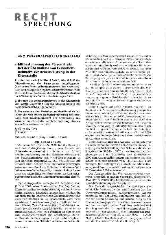 Vorschauseite 1: Mitbestimmung des Personalrats bei der Übernahme von Leiharbeitnehmern zur Arbeitsleistung in der Dienststelle