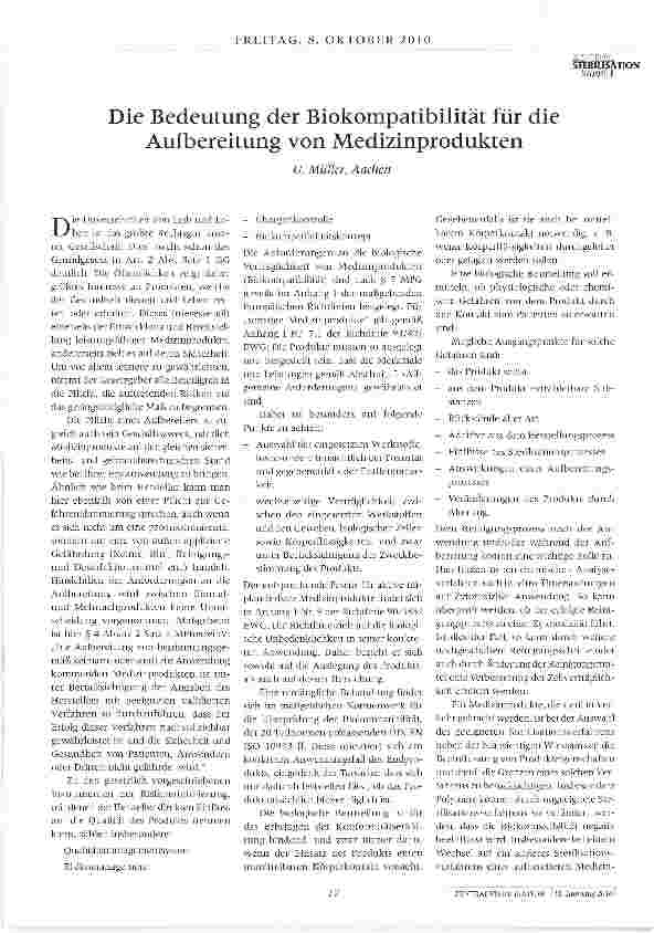 Vorschauseite 1: Die Bedeutung der Biokompatibilität für die Aufbereitung von Medizinprodukten