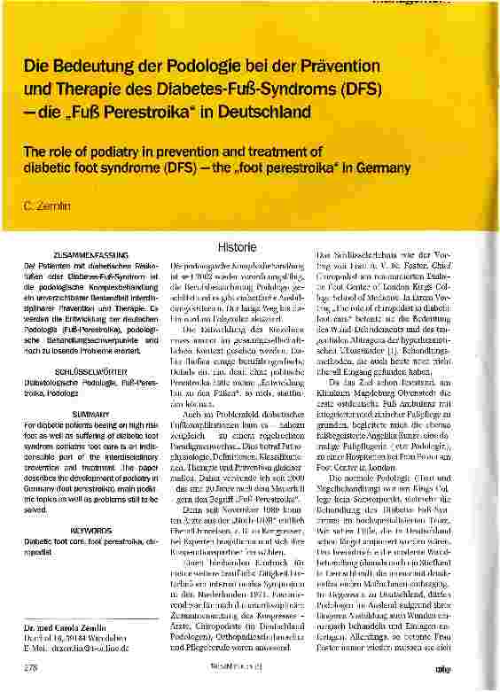 Vorschauseite 1: Die Bedeutung der Podologie bei der Prävention und Therapie des Diabetes-Fuß-Syndroms (DFS) -die „Fuß Perestroika in Deutschland