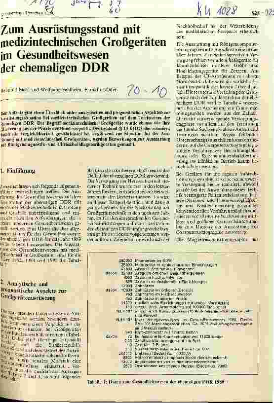 Vorschauseite 1: Zum Ausrüstungsstand mit medizintechnischen Großgeräten im Gesundheitswesen der ehemaligen DDR