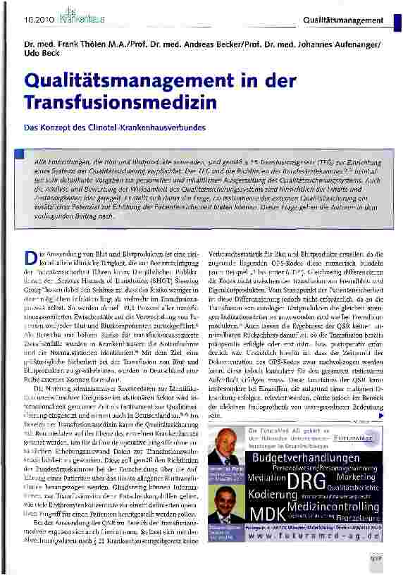 Vorschauseite 1: Qualitätsmanagement in der Transfusionsmedizin