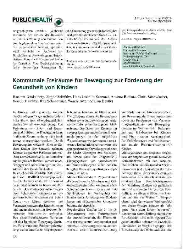 Vorschauseite 1: Kommunale Freiräume für Bewegung zur Förderung der Gesundheit von Kindern