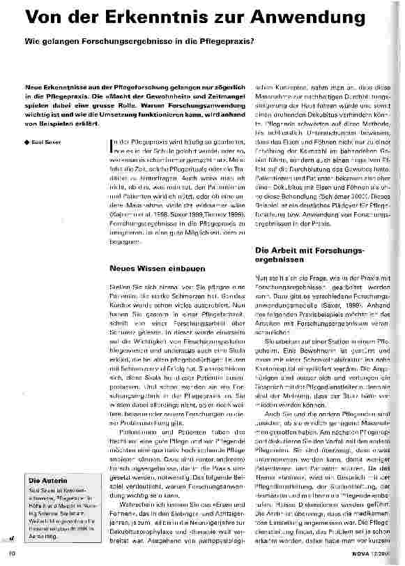 Vorschauseite 1: Von der Erkenntnis zur Anwendung Wie gelangen Forschungsergebnisse in die Pflegepraxis?